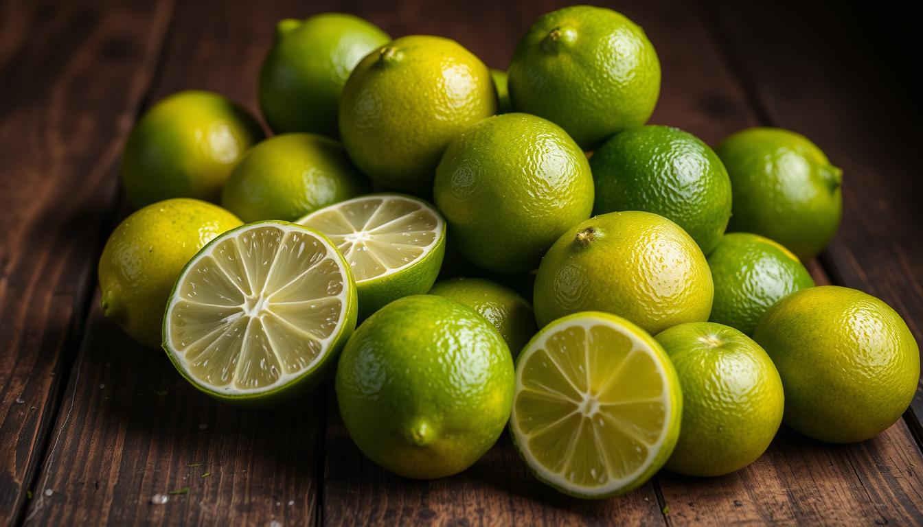Key-limes-for-triple-deck-key-lime-pie Triple Deck Key Lime Pie with lime garnish