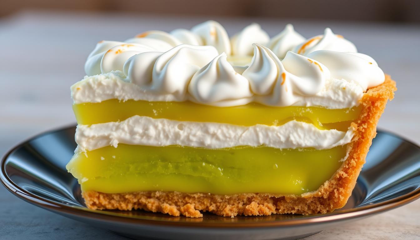 Layered-citrus-pie-with-perfect-textures A slice of Triple Deck Key Lime Pie showing layers
