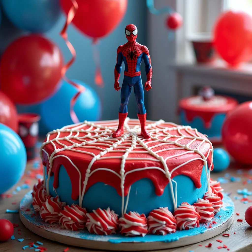 A beautifully decorated Spiderman Cake with red and blue frosting, web patterns, and a Spiderman figure on top, surrounded by party decorations.