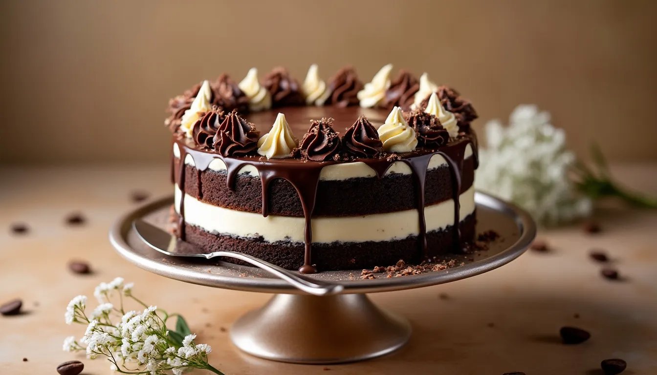 Whole Tuxedo Cake with glossy chocolate ganache and chocolate shavings on top