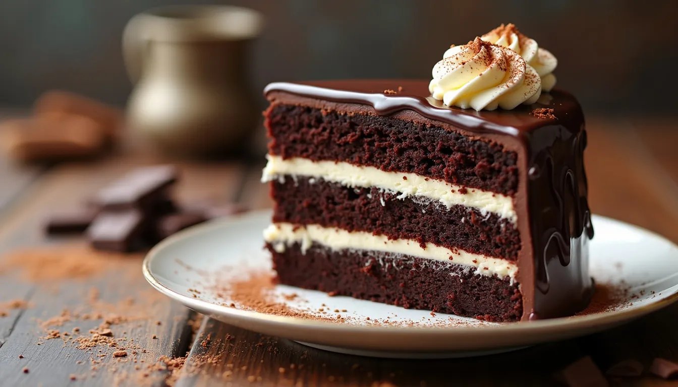 Slice of Tuxedo Cake showcasing layers of chocolate cake and white chocolate mousse