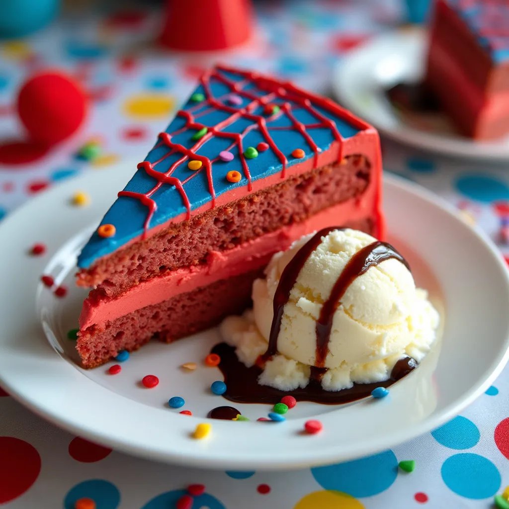 A slice of Spiderman Cake served on a plate, with colorful sprinkles and a scoop of ice cream on the side, set on a festive table.