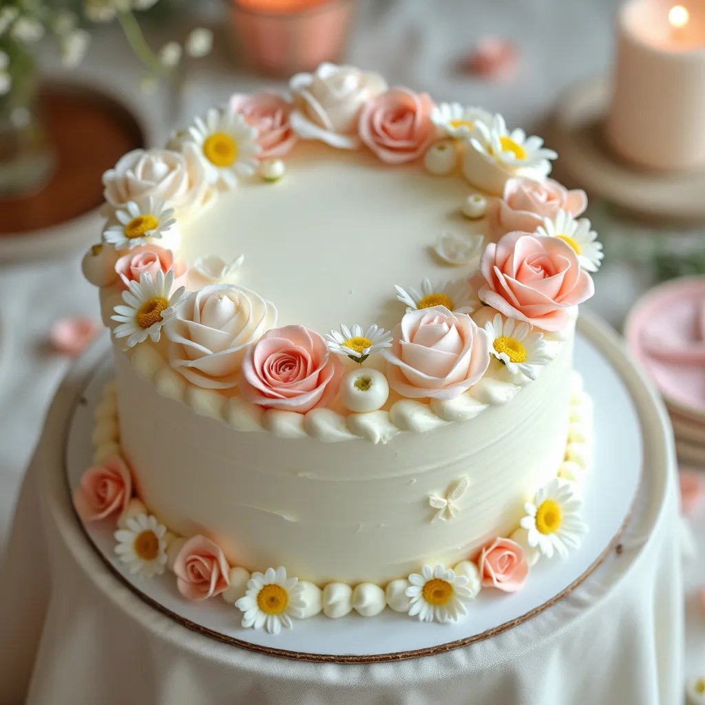 "A beautifully decorated Baptism Cake with white frosting, delicate flowers, and a cross, set on a decorative table.