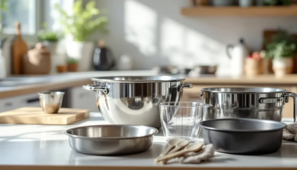 Essential kitchen equipment for making Swiss chocolate chalet cake.