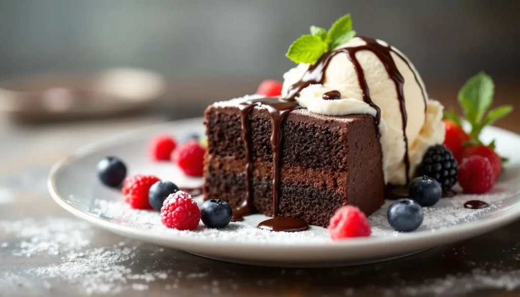 Swiss chocolate chalet cake served with fresh berries and ice cream.