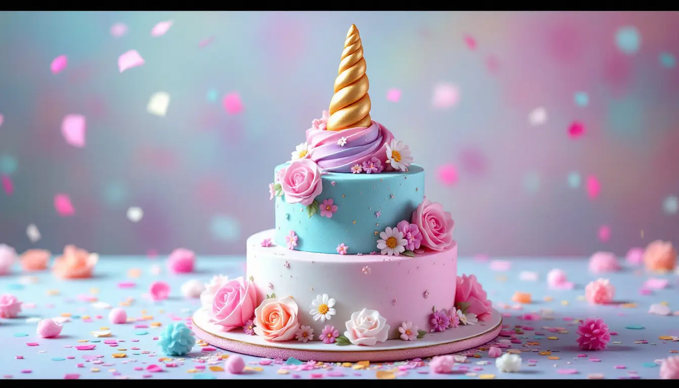 A beautifully decorated unicorn cake with pastel colors, a golden horn, and floral accents, set on a festive table