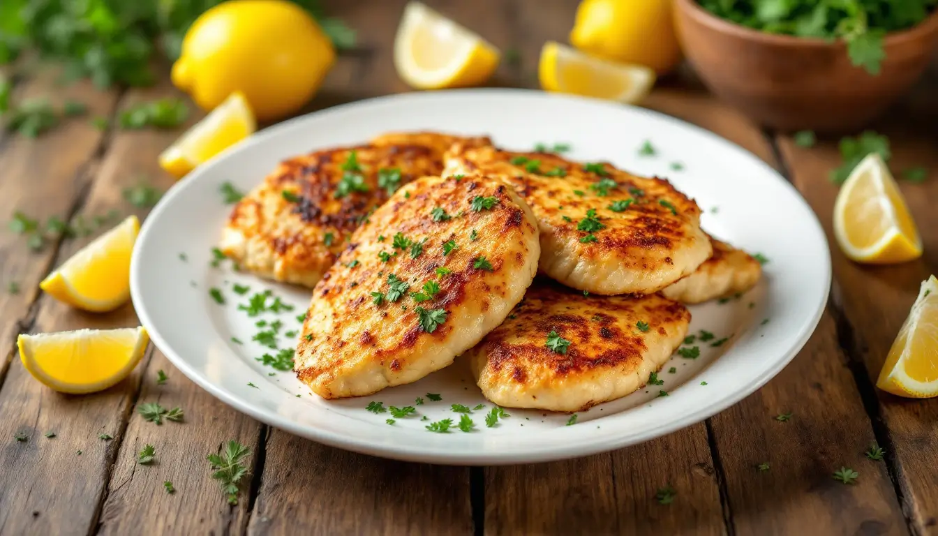 A plate of golden-brown baked chicken cutlets, garnished with fresh herbs and served with lemon wedges.