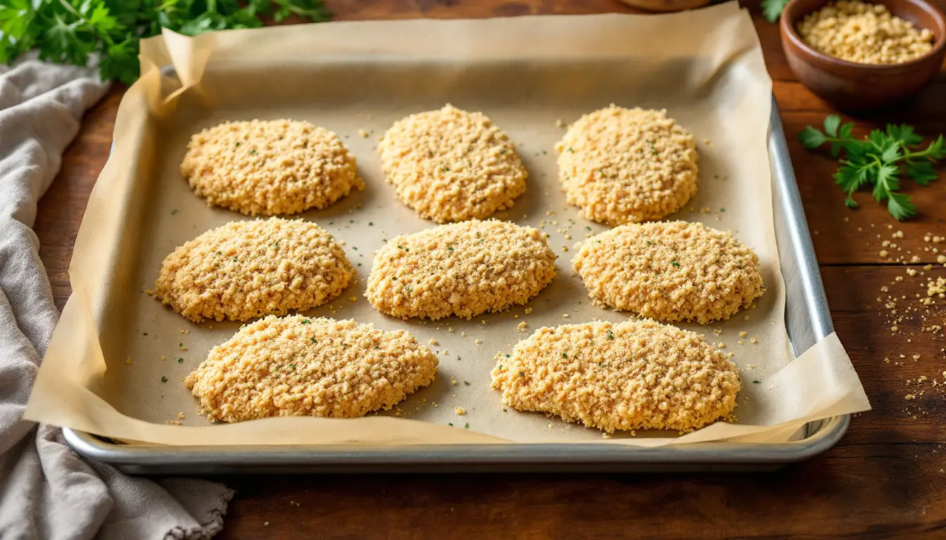 A baking sheet with breaded baked chicken cutlet ready to be baked in the oven