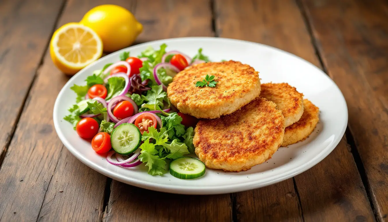 A plate of baked chicken cutlet recipe served with a fresh salad and lemon wedges."