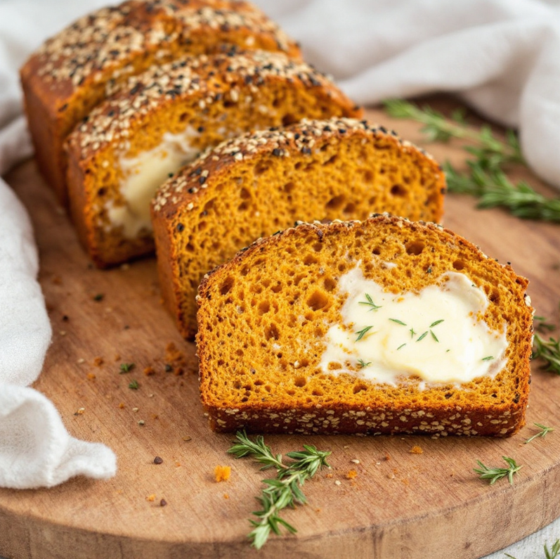 seeded miso sweet potato bread recipe, sliced and served with butter and fresh herbs.