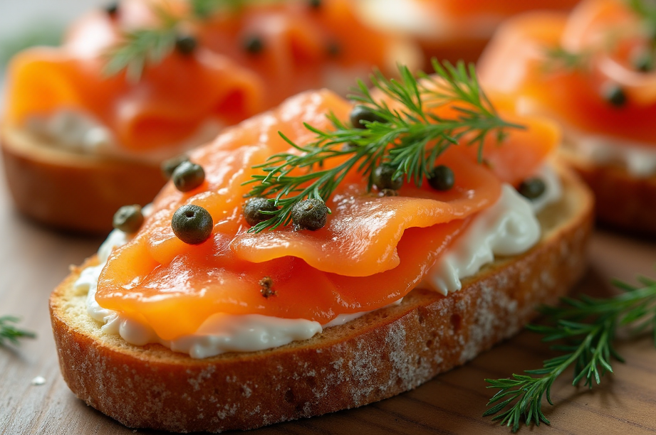 Close-up of smoked salmon bruschetta topped with cream cheese, capers, and fresh dill on toasted baguette slices.