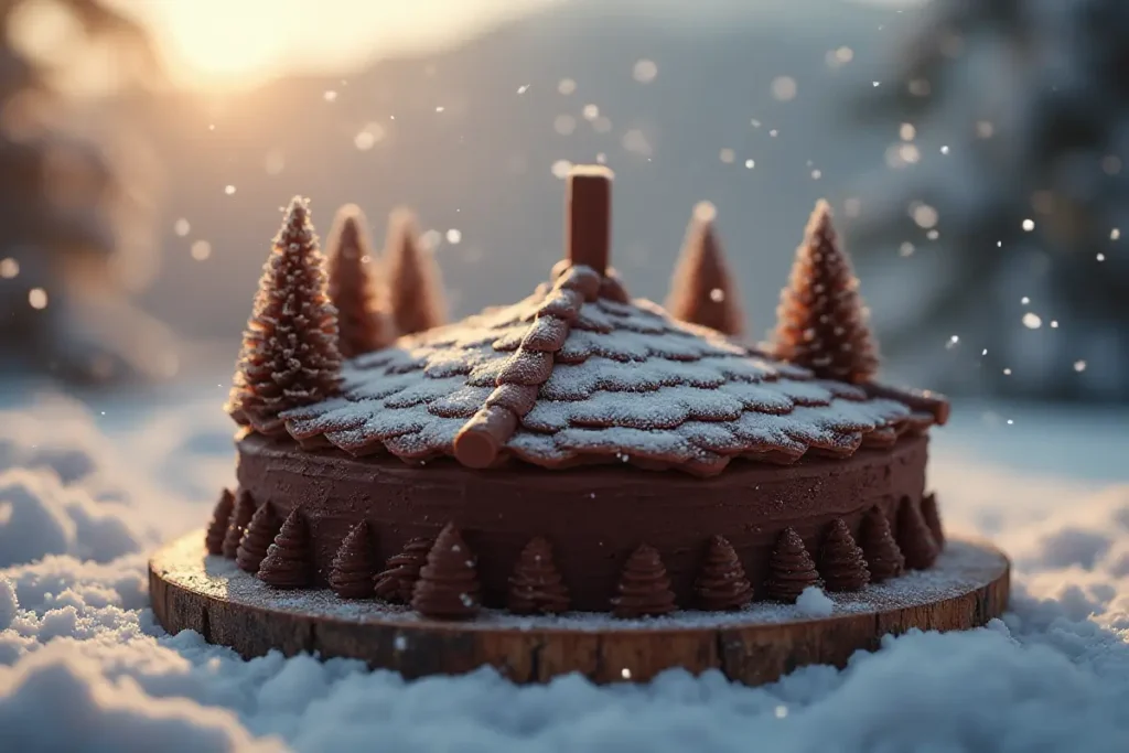 A beautifully decorated Swiss chocolate chalet cake with rich chocolate frosting.