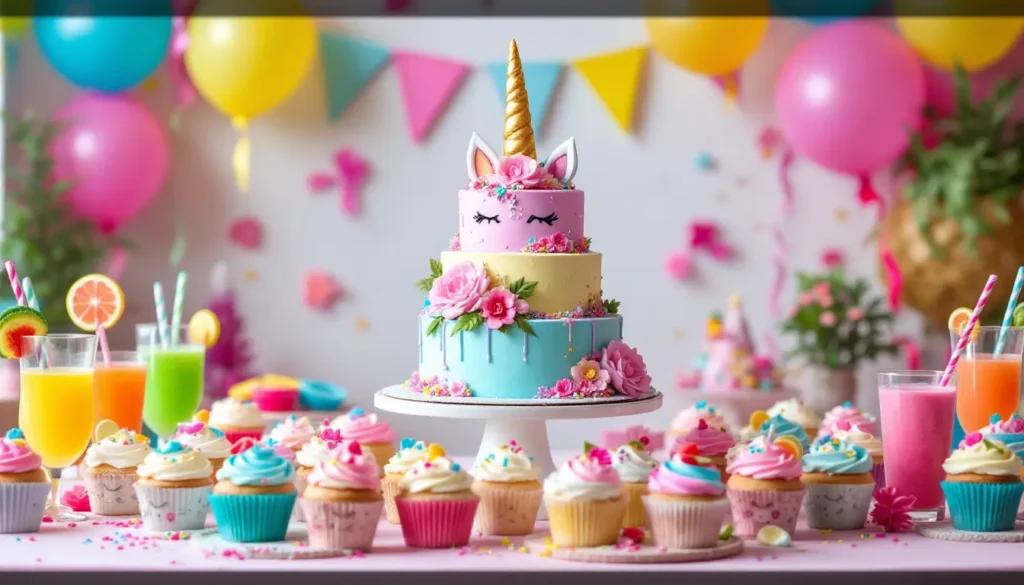 A festive table set with a unicorn cake as the centerpiece, surrounded by matching cupcakes and colorful drinks.